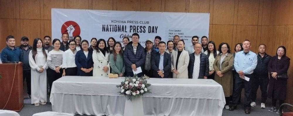 Members of the Kohima Press Club with Prof GT Thong and others at the National Press Day celebration, 2024 in Kohima on November 16. (Morung Photo)